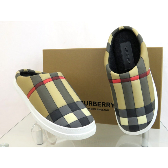 $620 BURBERRY HOMIE WOMEN QUILTED BEIGE CHECK LOGO LOAFER MULES SLIPPERS 37 - Picture 7 of 13